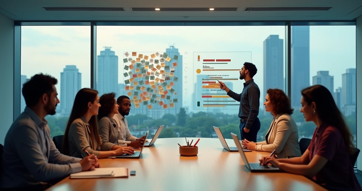 Equipe em reunião olhando quadro com metas ajustadas 