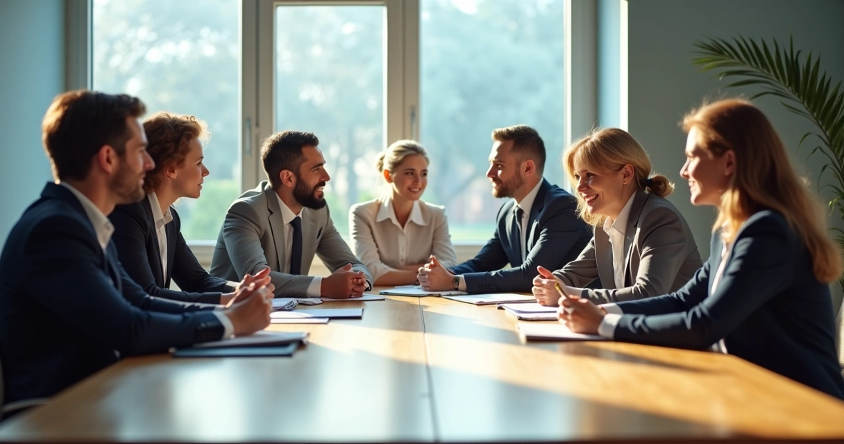 Equipe de trabalho em reunião com expressões tranquilas e postura colaborativa. 