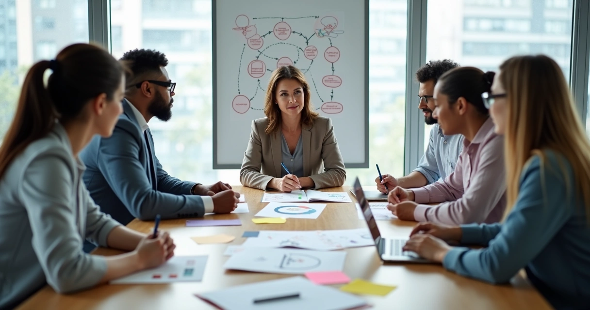 Equipe em reunião analisando padrões inconscientes com formulários e gráficos 