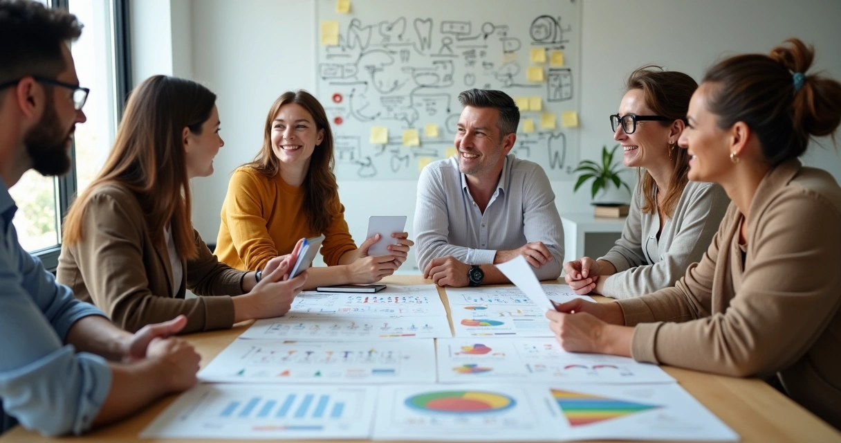 Equipe de marketing odontológico reunida discutindo personas em uma mesa de escritório 