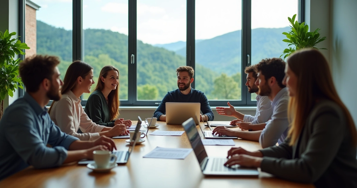 Equipe de marketing em reunião em uma sala iluminada 