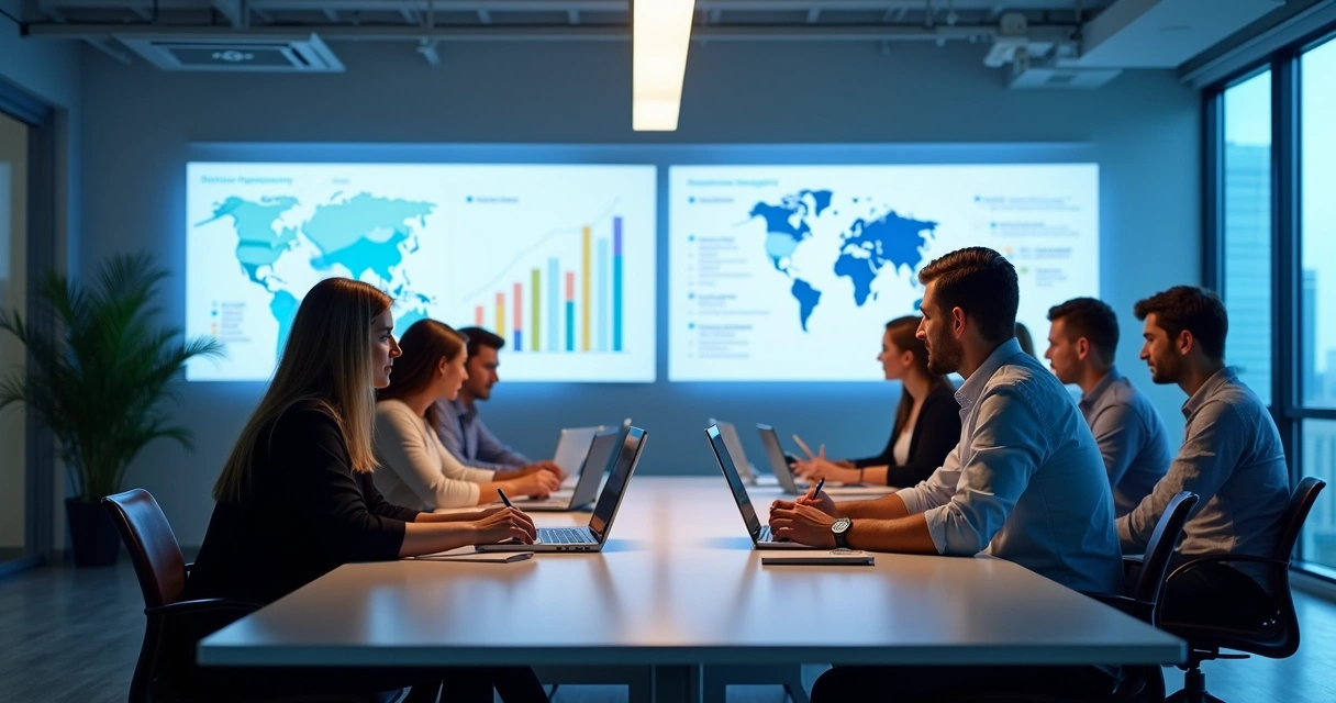 Equipe de marketing em reunião ao redor de uma mesa com telas mostrando gráficos 