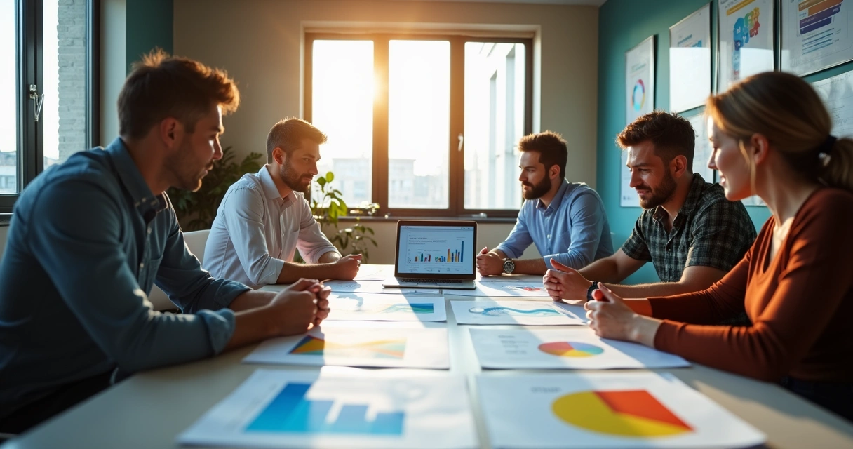 Equipe de marketing reunida em uma mesa discutindo estratégias 