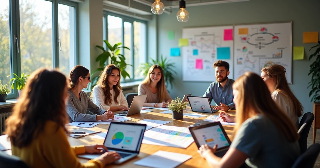 Equipe de marketing reunida planejando ações 