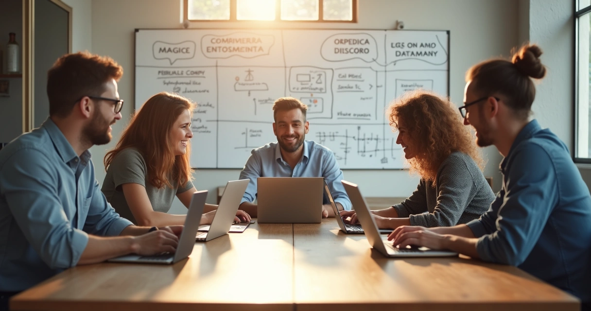 Equipe de marketing reunida em sala ampla, usando notebooks e quadros brancos 