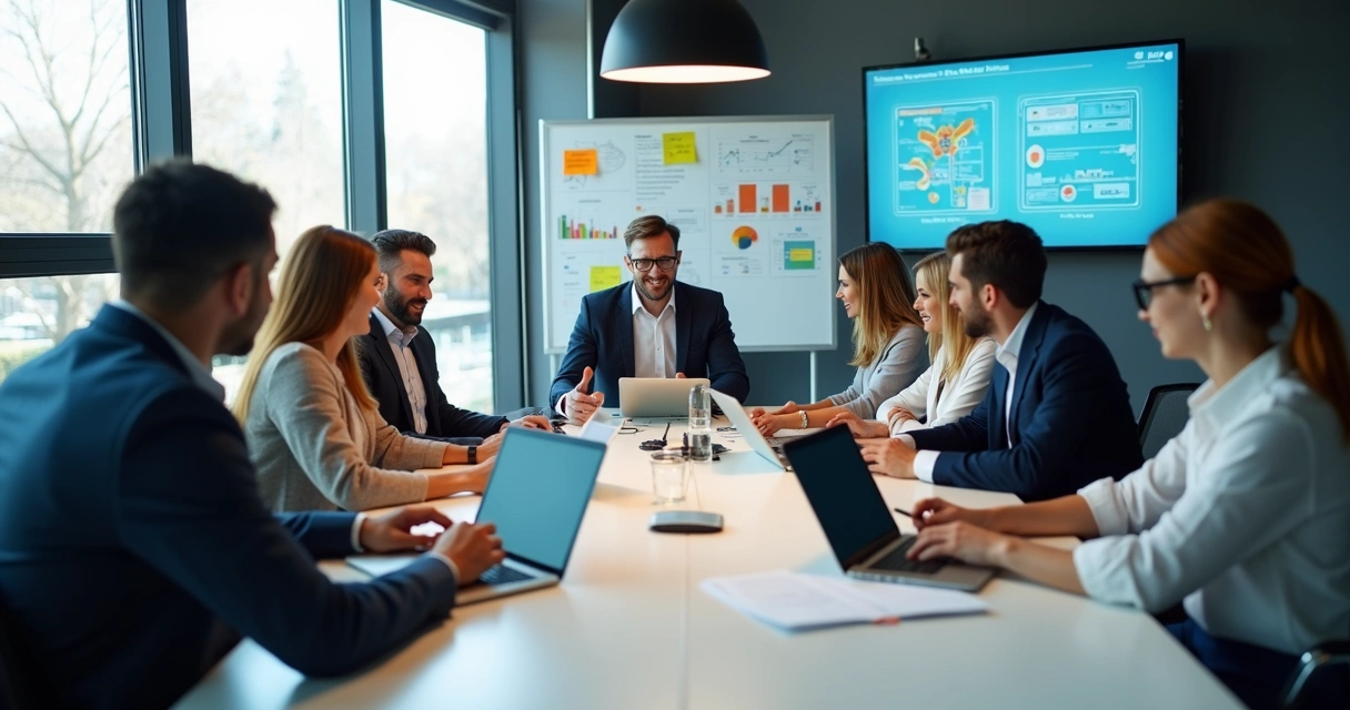 Equipe de marketing digital reunida em mesa discutindo planejamento de campanha