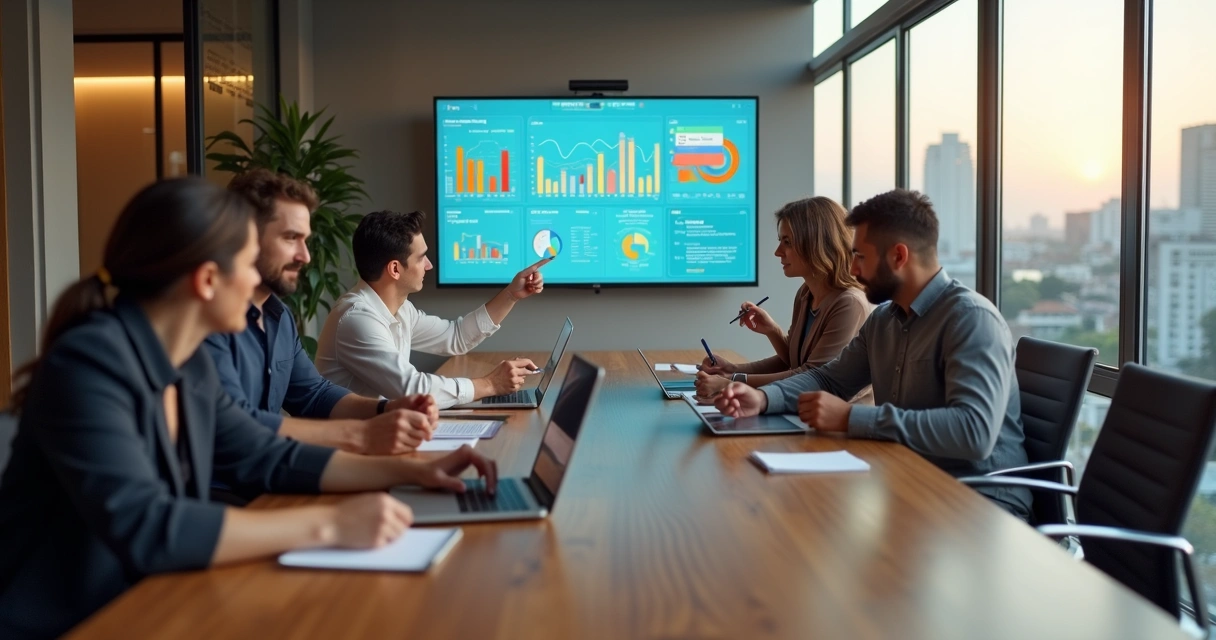 Equipe de marketing reunida em escritório moderno analisando gráficos digitais 