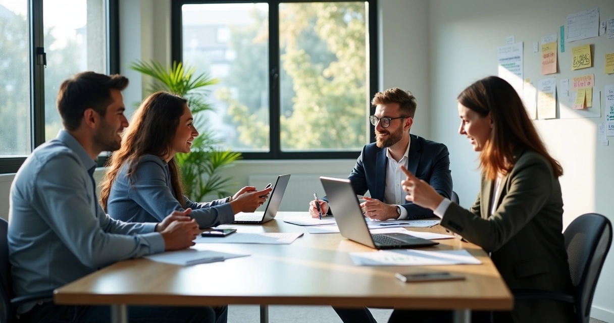 Equipe reunida em sala de reunião de agência de marketing 