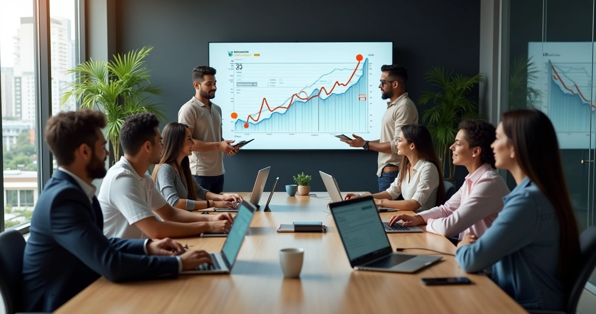 Equipe de marketing reunida em escritório moderno planejando campanhas digitais 