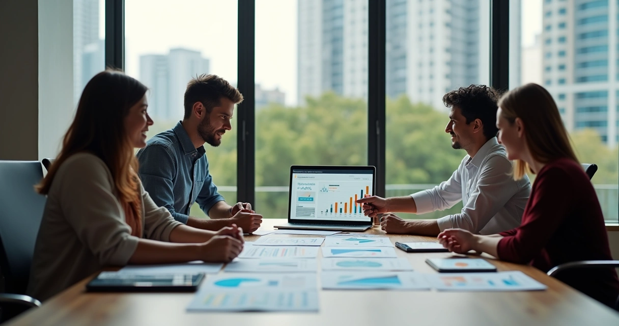 Equipe de marketing reunida em escritório moderno colaborando em frente a notebook com gráficos de desempenho 