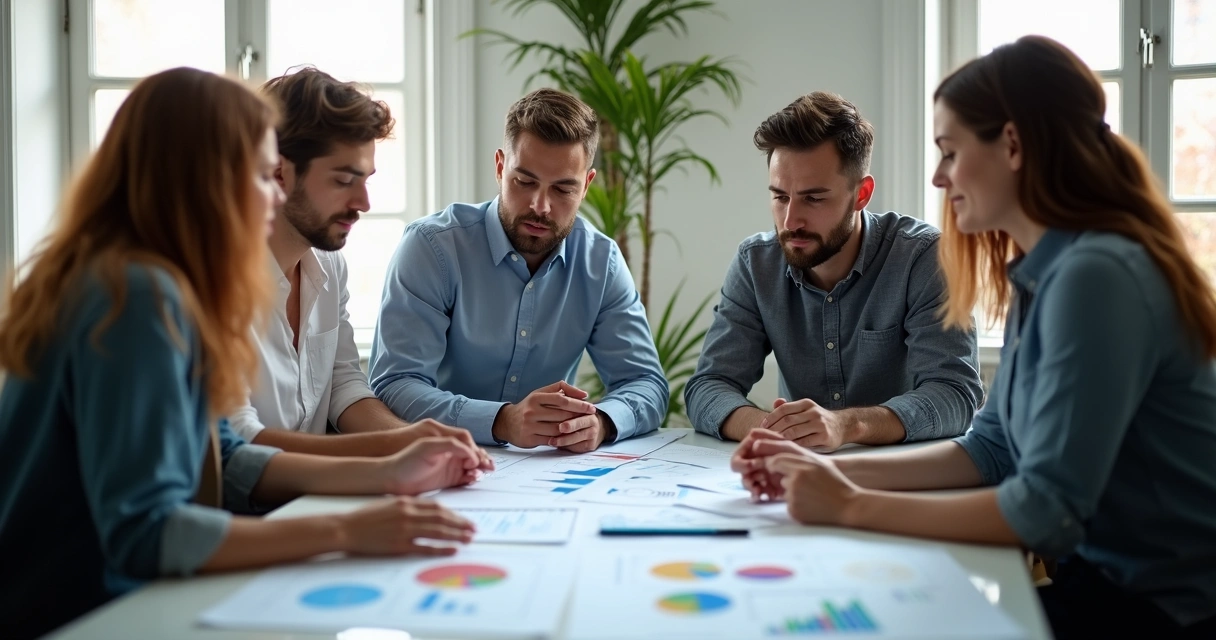 Equipe de marketing discutindo resultados em reunião com gráficos na mesa 