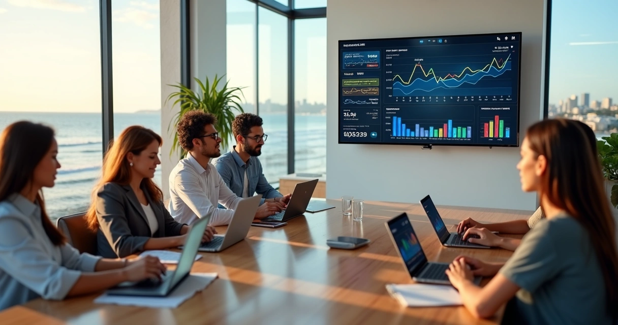 Equipe de marketing em reunião estratégica com vista para a orla do Guarujá 