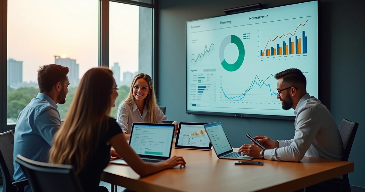 Equipe de marketing em reunião estratégica em frente a painel com gráficos 
