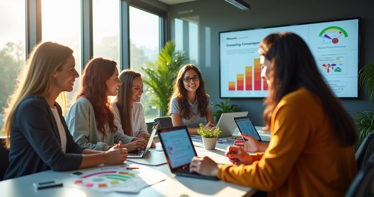 Equipe de marketing em reunião analisando gráficos e telas de computador 
