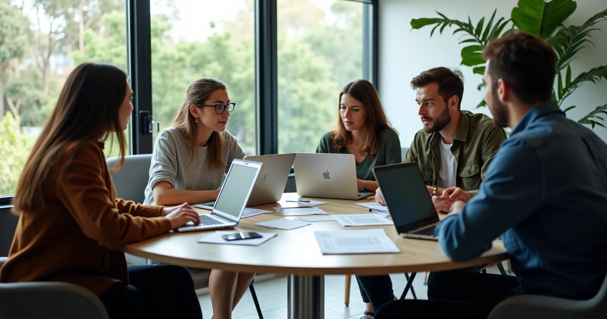 Equipe de marketing em reunião discutindo estratégias. 