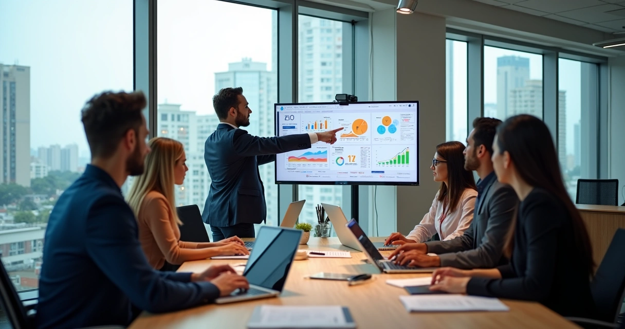Equipe de marketing em reunião estratégica com vista para Recife ao fundo 