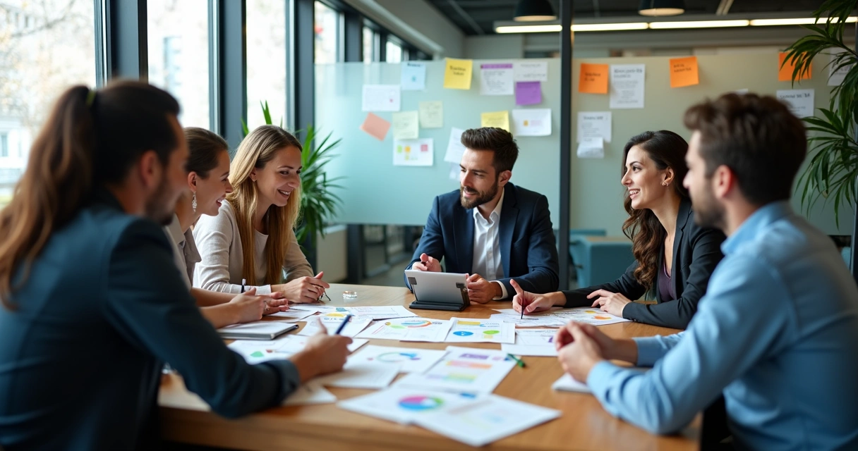 Equipe de marketing reunida ao redor de mesa com papéis e notebook 