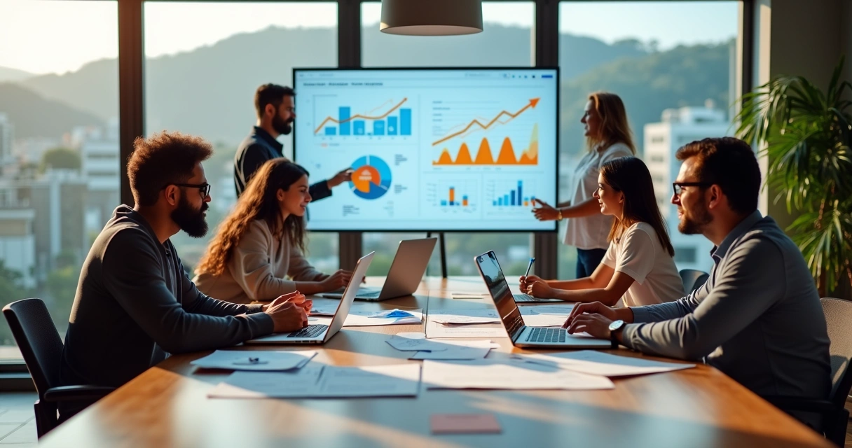 Equipe de marketing em reunião estratégica em escritório moderno 