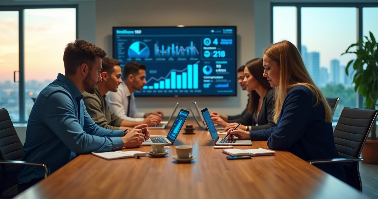 Equipe de marketing em reunião estratégica em escritório moderno com vista urbana 