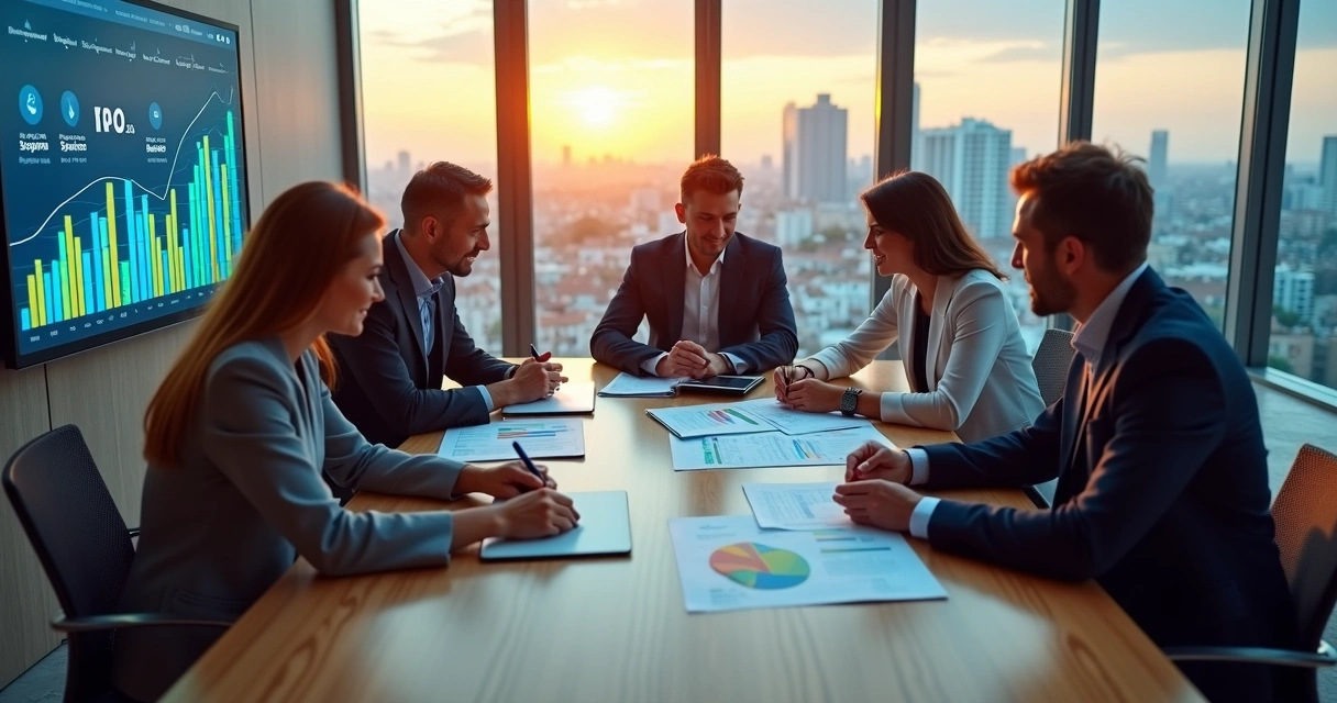 Equipe de marketing reunida em mesa de reunião moderna analisando gráficos digitais 