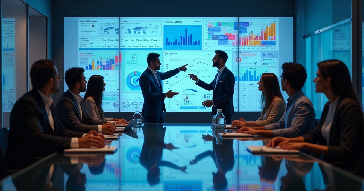 Reunião de equipe com dados na tela debatendo marketing e vendas 
