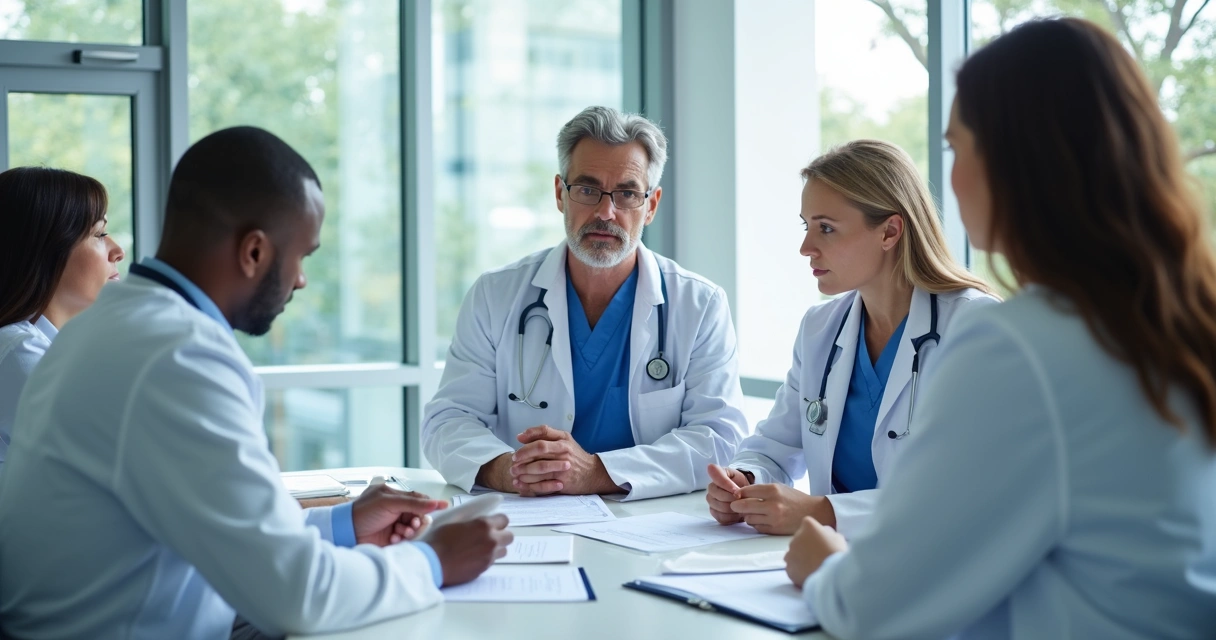 Equipe médica reunida em discussão de caso