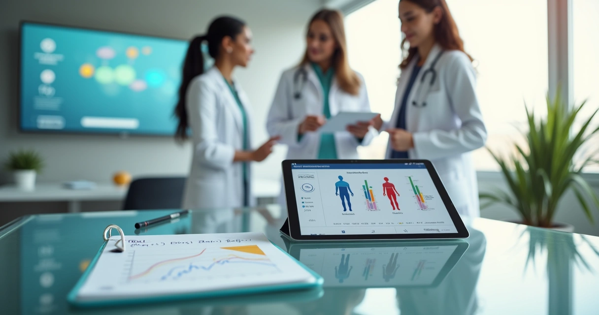 Equipe de saúde analisando gráfico de metabolismo basal em tablet 