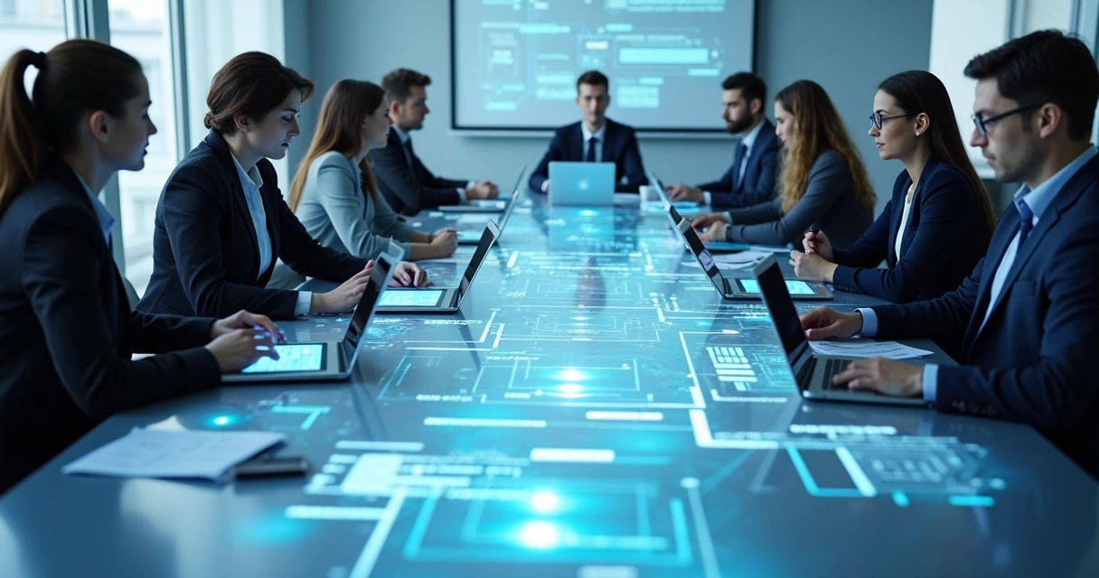 Equipe reunida analisando mensagens digitais na mesa de trabalho 