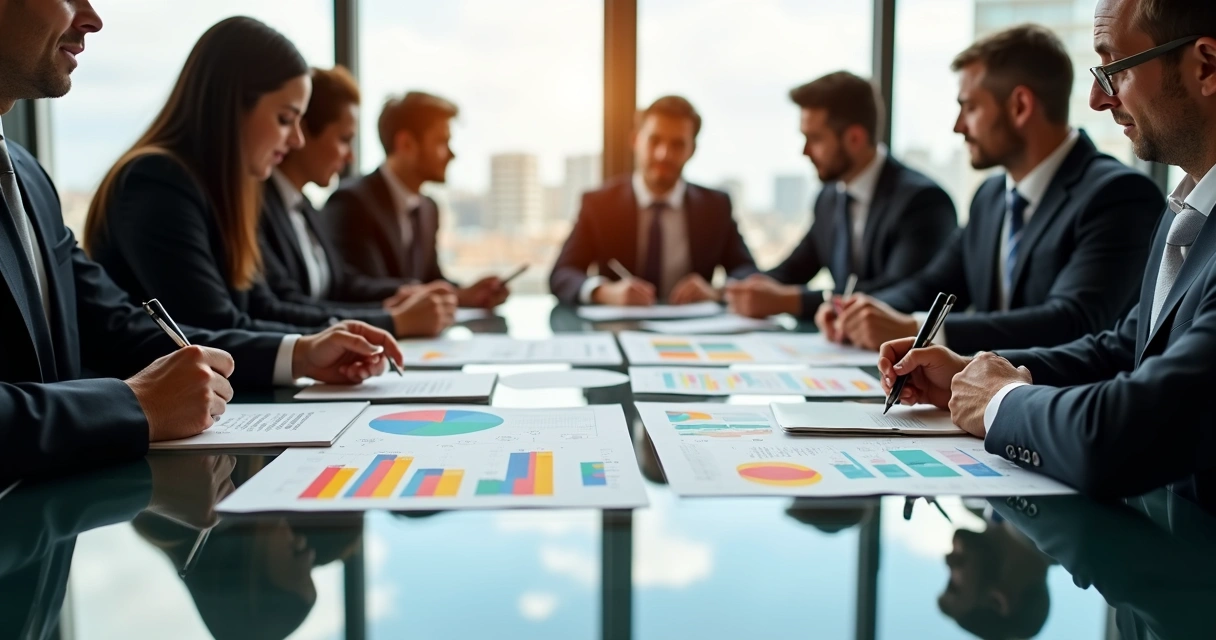 Equipe de negócios em reunião discutindo metas SMART com gráficos na mesa 