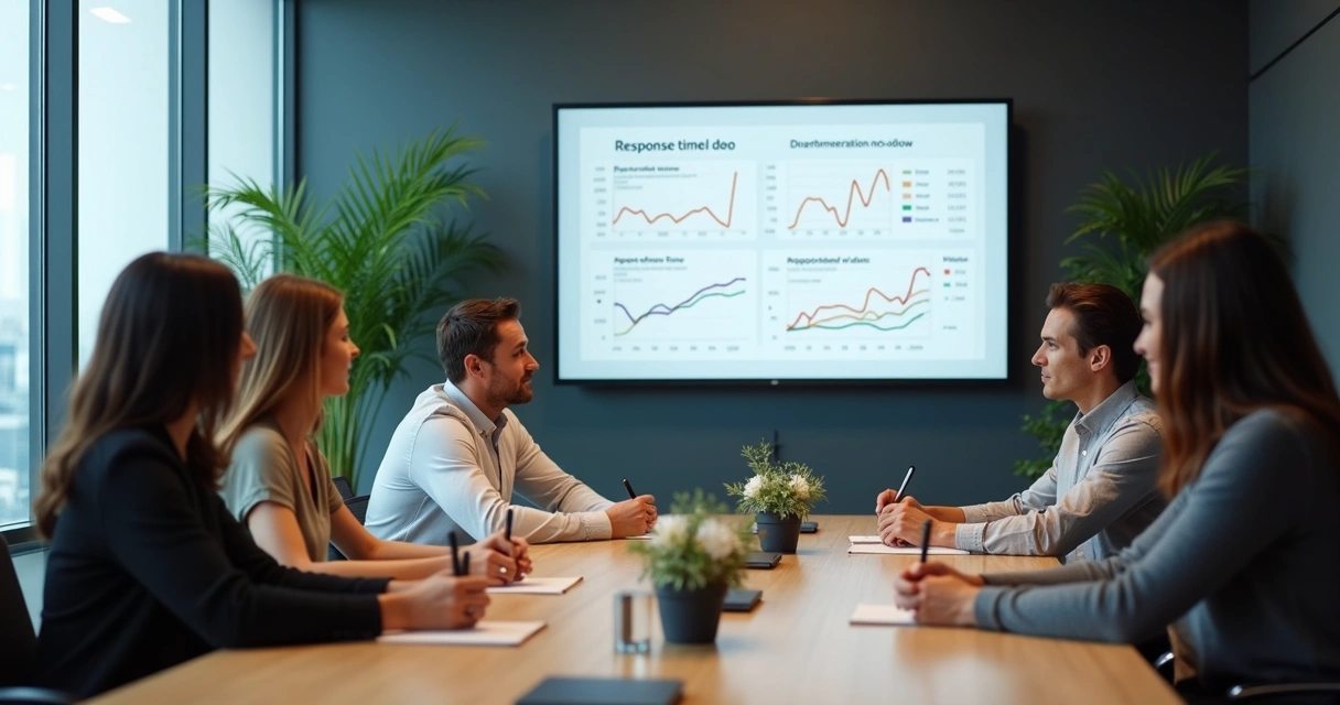 Equipe em reunião com métricas na tela