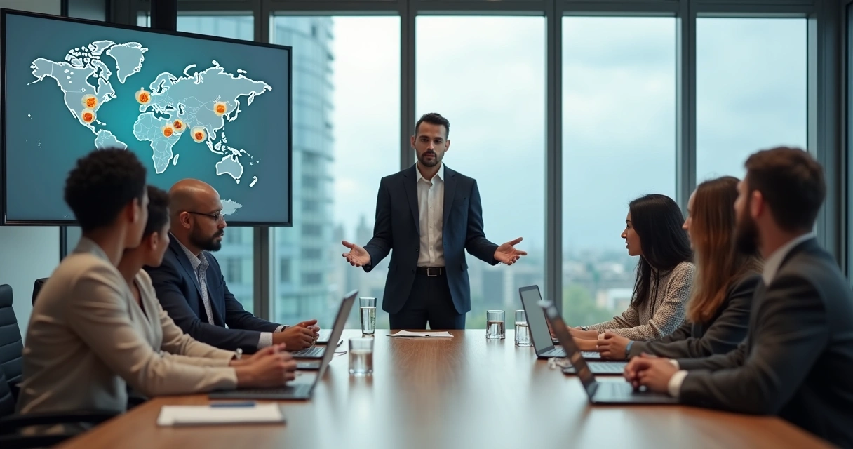 Equipe multicultural em reunião mediada no escritório moderno 