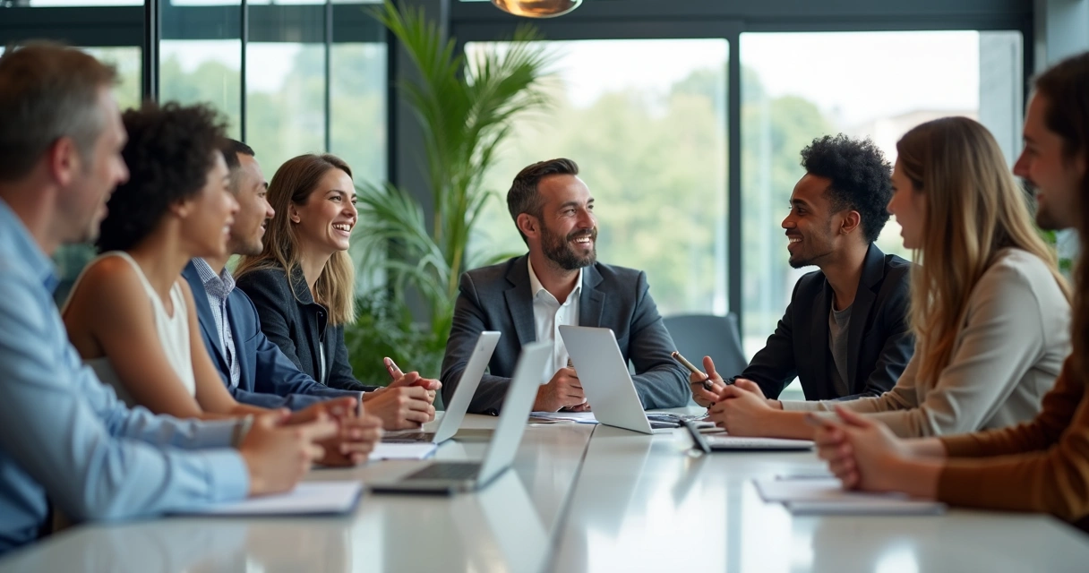 Equipe multicultural reunida em sala de reunião moderna 