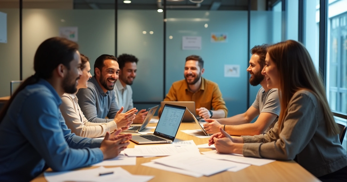 Equipe multicultural reunida ao redor de uma mesa com laptops abertos 