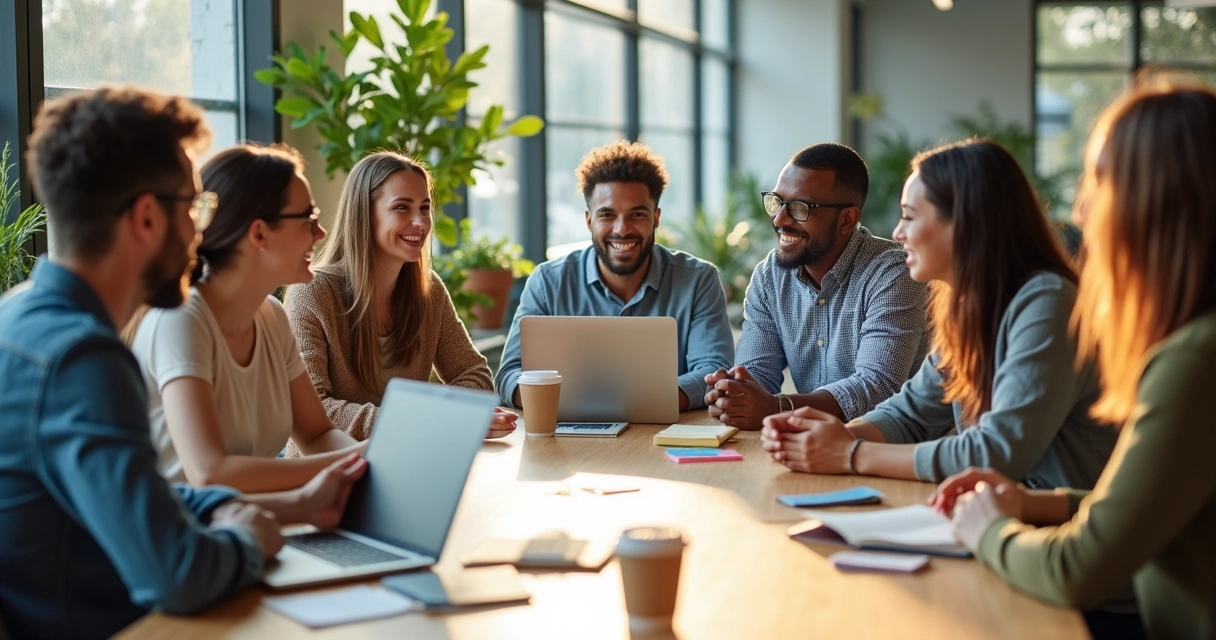 Reunião de equipe multicultural ao redor de uma mesa 