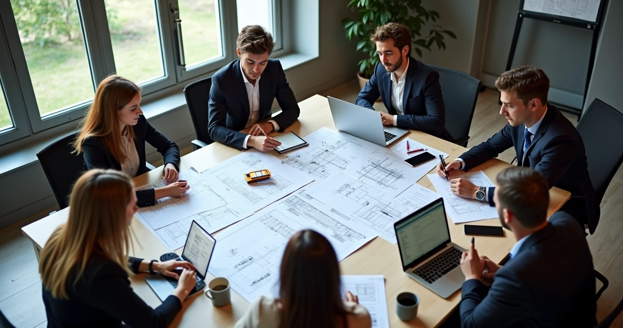 Equipe multidisciplinar de engenharia reunida analisando documentos 