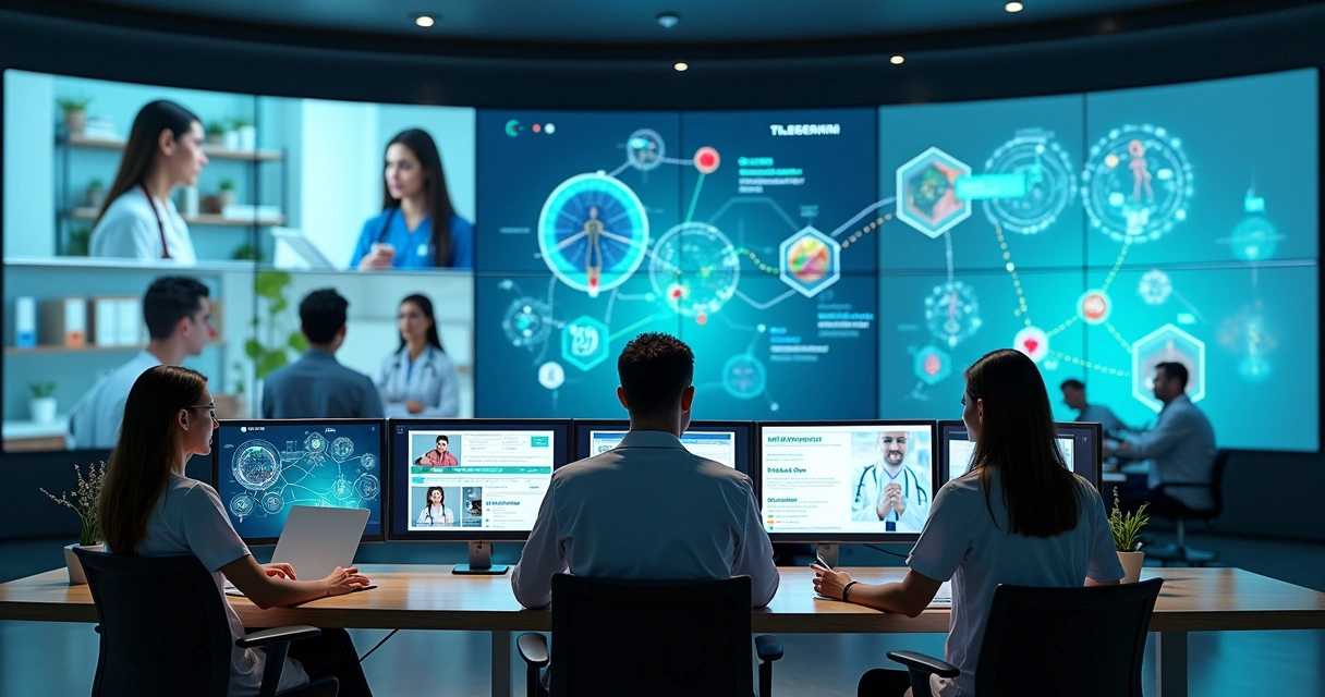Profissionais de saúde monitoram paciente em atendimento multidisciplinar virtual. 