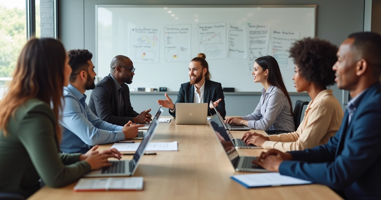 Equipe multietnica reunida ao redor de uma mesa discutindo ideias 