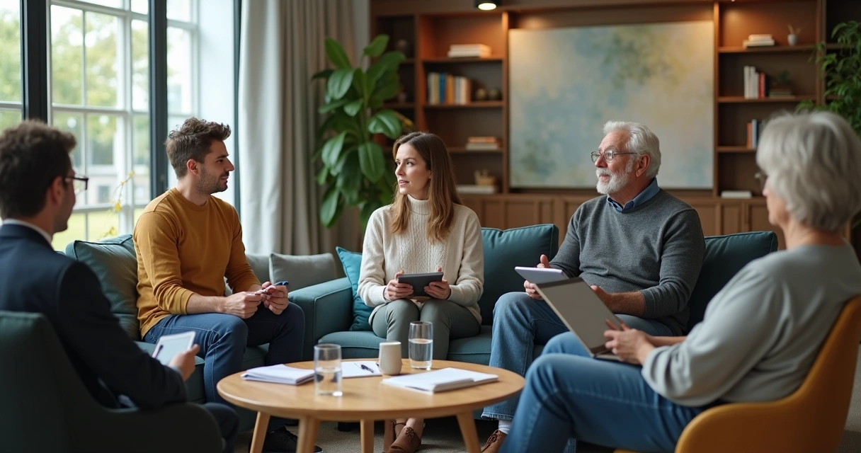 Equipe multigeracional em roda de conversa colaborativa no escritório 