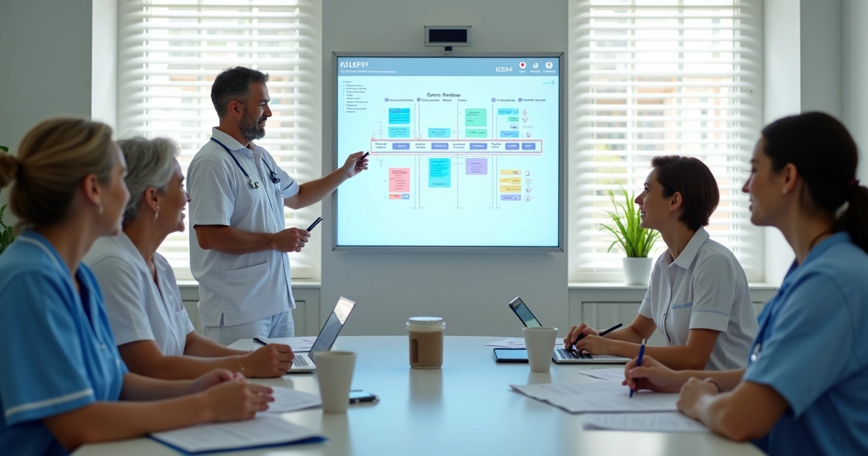 Equipe multiprofissional discutindo plano de cuidados em quadro digital 