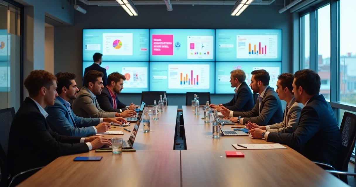 Reunião de equipe em empresa com gráficos de desempenho exibidos em telas 