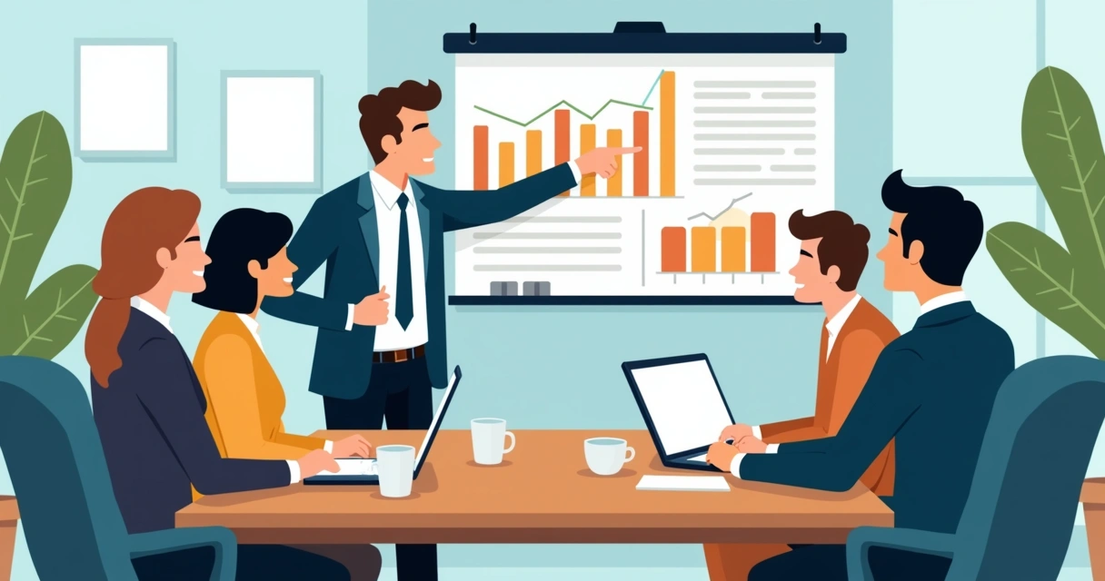 Equipe reunida ao redor de uma mesa discutindo metas visíveis em gráficos e anotações no quadro