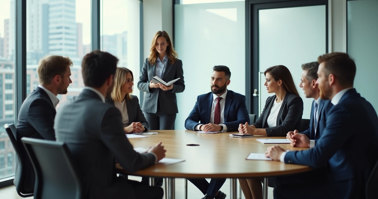 Liderança observando interação de equipe em reunião 