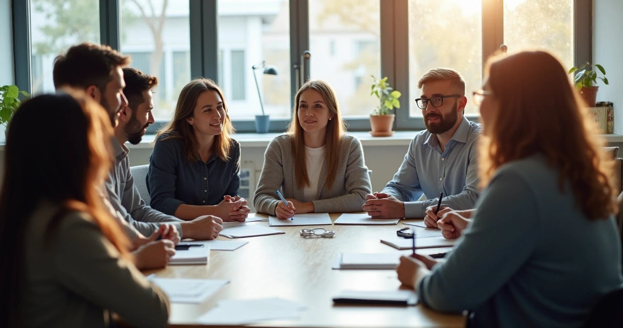 Equipe reunida em círculo trocando ideias e experiências 