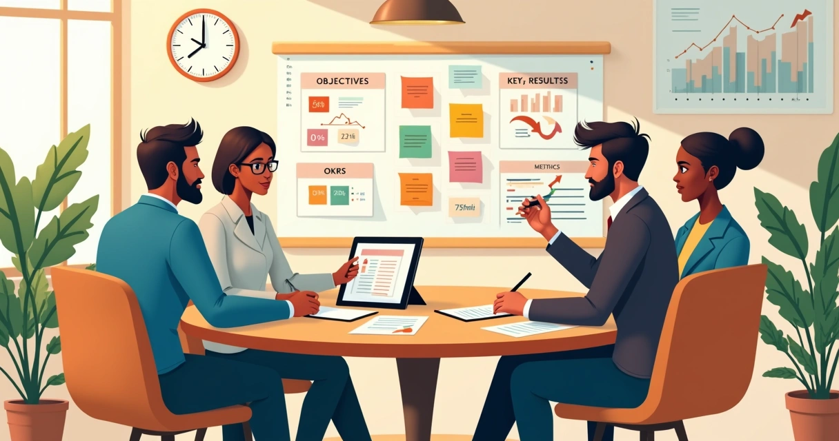 Equipe reunida, discutindo objetivos e metas com tablets e lousa 