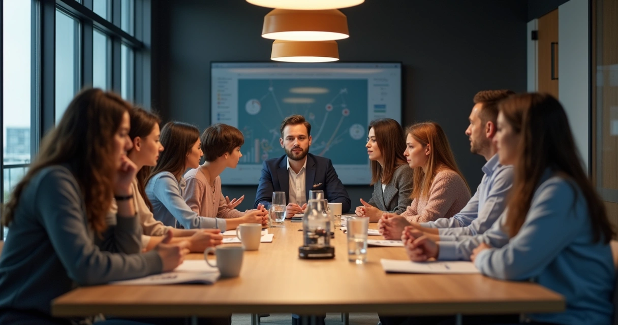 Equipe reunida ao redor de uma mesa de reuniões, discutindo com expressões diversas 