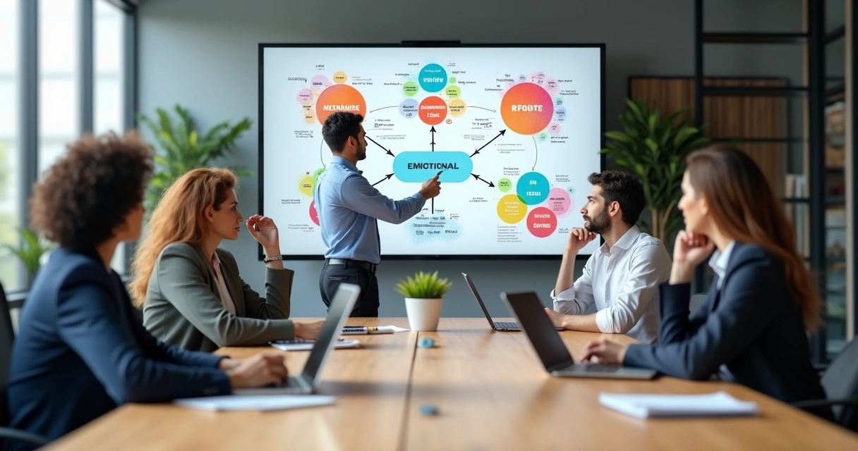 Equipe em reunião analisando padrões emocionais no ambiente de trabalho 