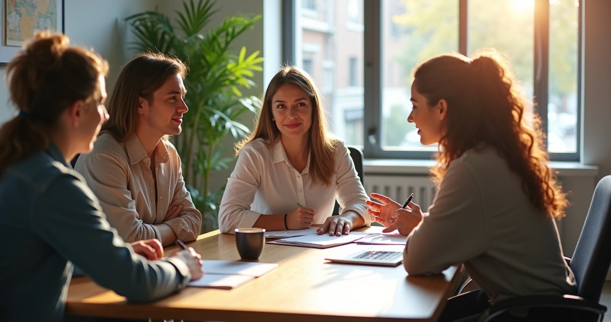 Pequena equipe reunida em torno de uma mesa de trabalho