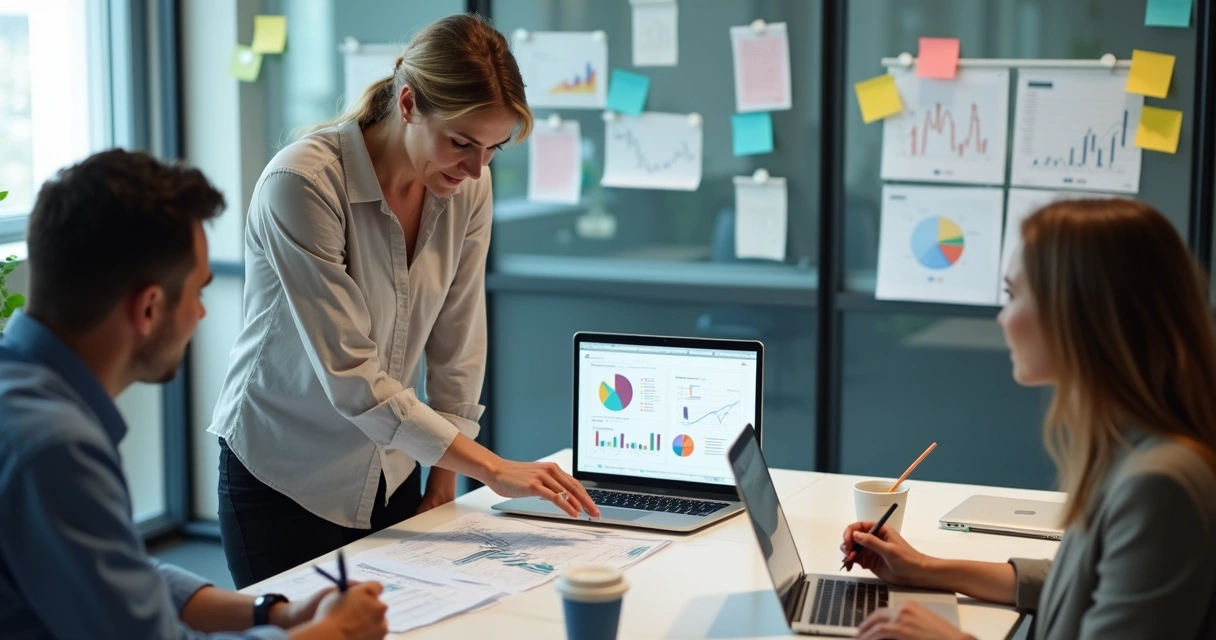 Pequena equipe reunida em reunião de análise de dados na empresa 