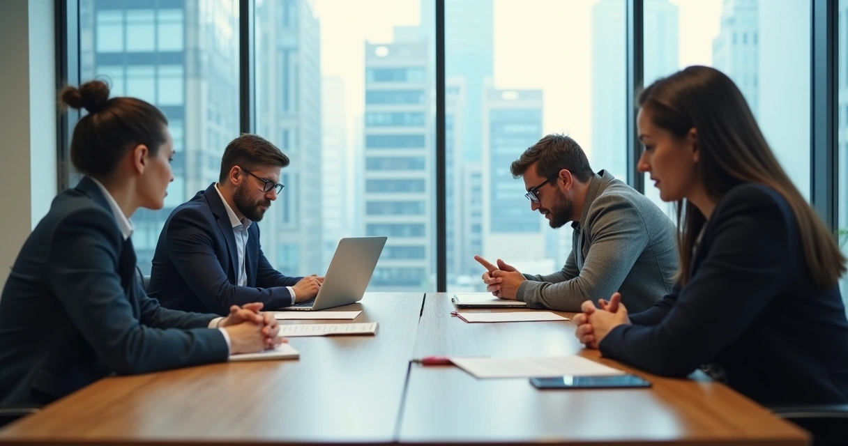 Equipe pequena em reunião com clima de tensão sutil na sala de escritório 