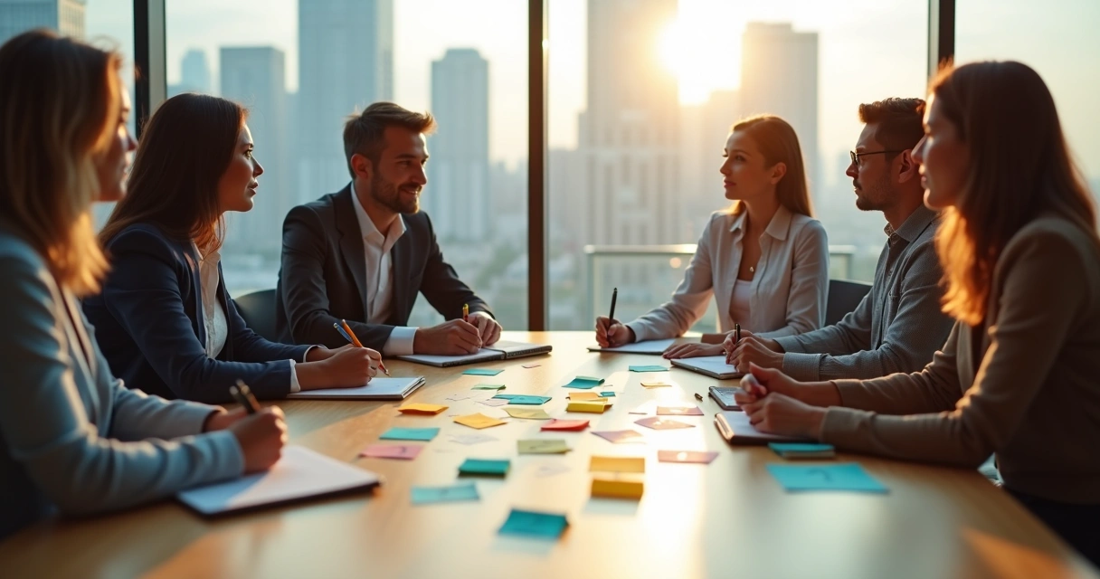 Grupo de colegas em círculo discutindo conflitos com post-its de perguntas em uma mesa 